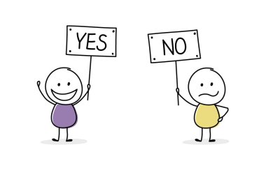 Tahtasında yazı olan komik adamlar. Evet ve hayır. İş toplantısı konsepti. Vektör