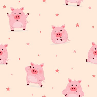 Seamless pattern with funny pigs. Design of a wrapping paper, wallpaper and textile. Decoration for children. Vector illustration