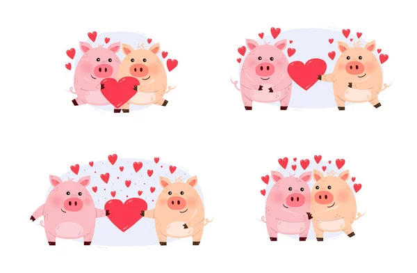 Słodkie Świnie Sercami Walentynki Koncepcja Kreskówkowego Stylu Para Zwierząt Miłości — Wektor stockowy