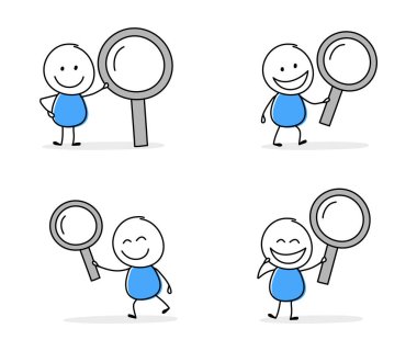 Collection of a funny stickman holding magnify glass icon. Hand drawn design for a business presentation. Vector illustration