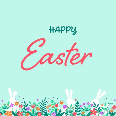 Hand drawn Easter greeting cards with bunnies and floral meadow. Vector illustration