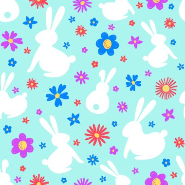 Seamless pattern with bunny and flowers. Easter background. Vector illustration
