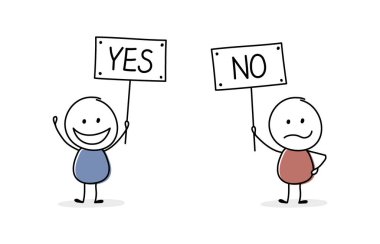 Tahtasında yazı olan komik adamlar. Evet ve hayır. İş toplantısı konsepti. Vektör