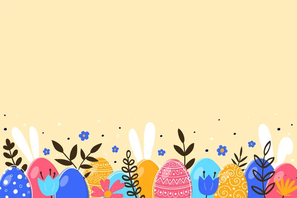 Easter Eggs Flowers Bunnies Yellow Background Vector Illustration — Stock Vector
