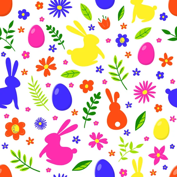 Безшовний Візерунок Кроликом Кольоровим Яйцем Квітами Великодній Фон Векторні Ілюстрації — стоковий вектор