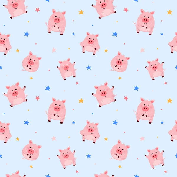 Blauer Hintergrund Mit Niedlichen Schweinen Konzept Eines Nahtlosen Musters Vektorillustration — Stockvektor