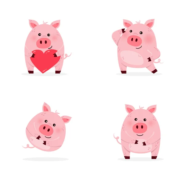 Collection Cute Pig Characters Different Emotions Isolated White Background Vector — Stock Vector