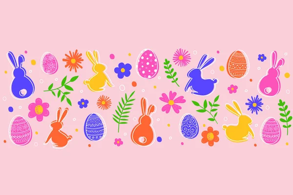 Bannière Pâques Avec Œufs Colorés Lapins Fleurs Illustration Vectorielle — Image vectorielle