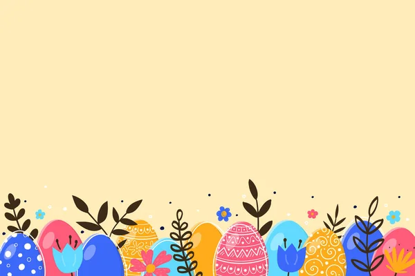 Ostereier Und Blumen Auf Grünem Hintergrund Vektorillustration — Stockvektor
