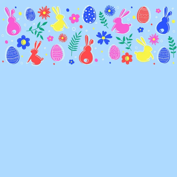 Osterhintergrund Mit Handgemalten Eiern Blumen Und Hasen Vektorillustration — Stockvektor
