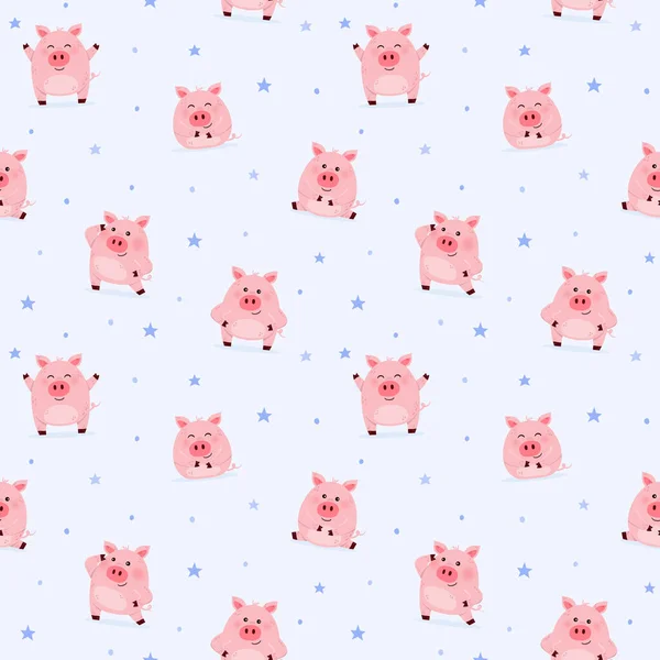 Niedliche Kleine Schweine Auf Blauem Hintergrund Nahtloses Muster Entwurf Einer — Stockvektor