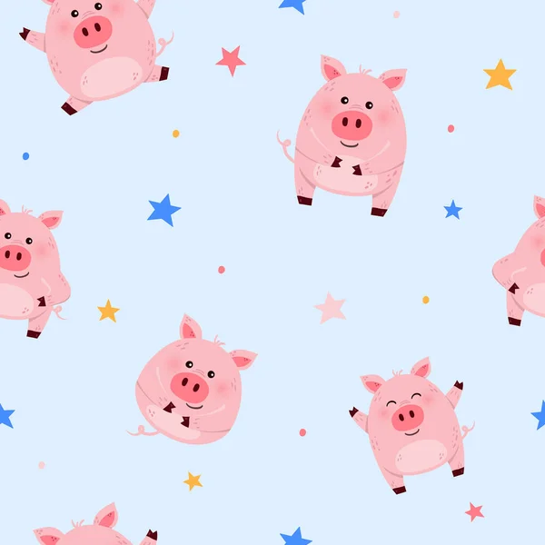 Niedliche Kleine Schweine Auf Blauem Hintergrund Nahtloses Muster Entwurf Einer — Stockvektor