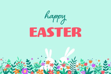 Easter greeting card with bunnies and flowers. Vector illustration clipart