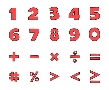 0 'dan 9' a kadar sayıların ve matematiksel sembollerin toplanması. El çizimi ikonlar. Vektör illüstrasyonu