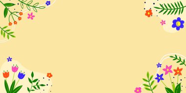 Çiçek arkaplan. Renkli elle çizilmiş çiçek ve yapraklarla bahar süslemesi. Vektör illüstrasyonu