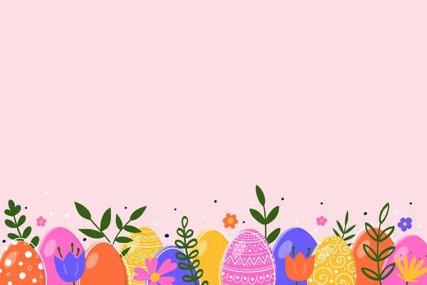 Osterhintergrund Mit Handgemalten Eiern Und Blumen Vektorillustration — Stockvektor