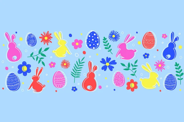 Decoração Páscoa Com Ovos Pintados Coelhos Flores Banner Ilustração Vetorial — Vetor de Stock