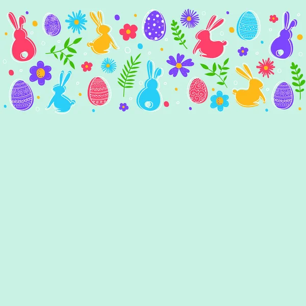 Grüner Hintergrund Mit Bemalten Eiern Hasen Und Blumen Osterdesign Vektorillustration — Stockvektor