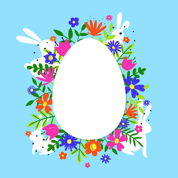 Huevo Pascua Colorido Con Flores Conejos Dibujados Mano Concepto Trasfondo — Vector de stock