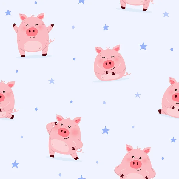 Fond Bleu Avec Des Cochons Mignons Concept Motif Sans Couture — Image vectorielle