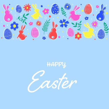 Paskalya yumurtaları, tavşanlar ve çiçeklerle dolu renkli tebrik kartı. Paskalya tasarımı. Vektör illüstrasyonu
