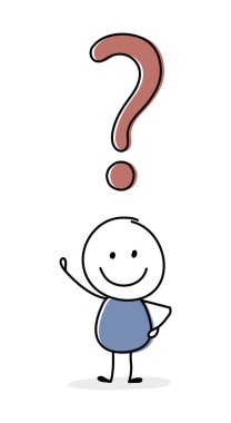 Soru işareti ikonuyla gülen karikatür işadamı. Vektör