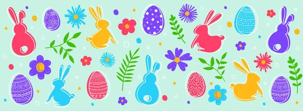 stock vector Easter decoration with painted eggs, bunnies and flowers. Banner. Vector illustration