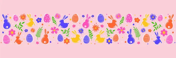 Osterdekoration Mit Bemalten Eiern Hasen Und Blumen Banner Vektorillustration — Stockvektor