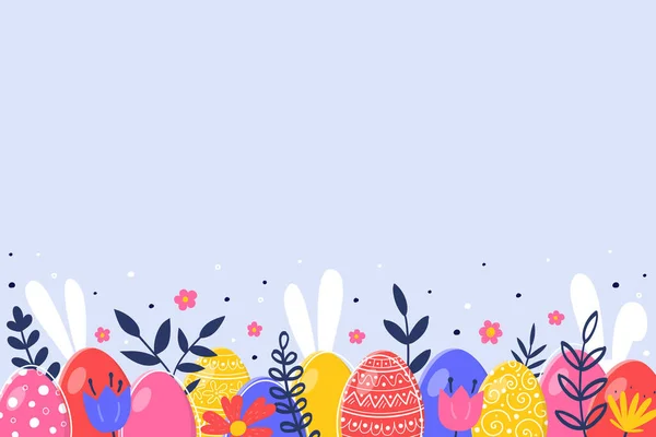 Bunter Hintergrund Mit Bemalten Eiern Hasen Und Blumen Minimalistisches Osterdesign — Stockvektor