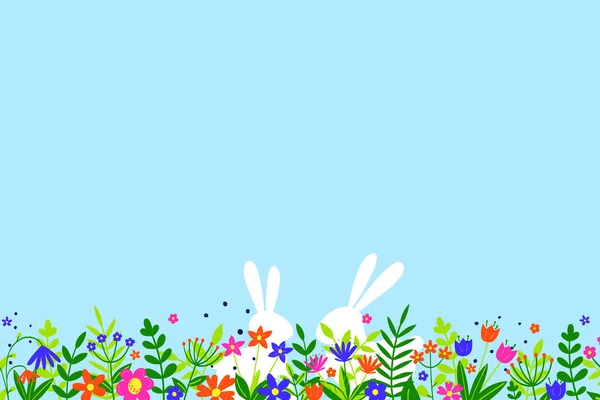 Easter Background Bunnies Hidden Flower Meadow Vector Illustration — Stock Vector