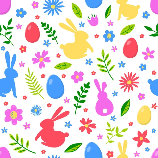 Kolorowe Tło Wielkanocne Króliczkami Jajkami Kwiatami Płynny Wzór Ilustracja Wektora — Wektor stockowy
