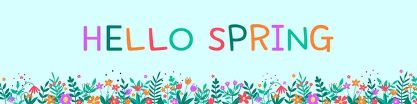 Hello Spring Banner Floral Background Colourful Blooming Flower Leaves Vector — Stock Vector