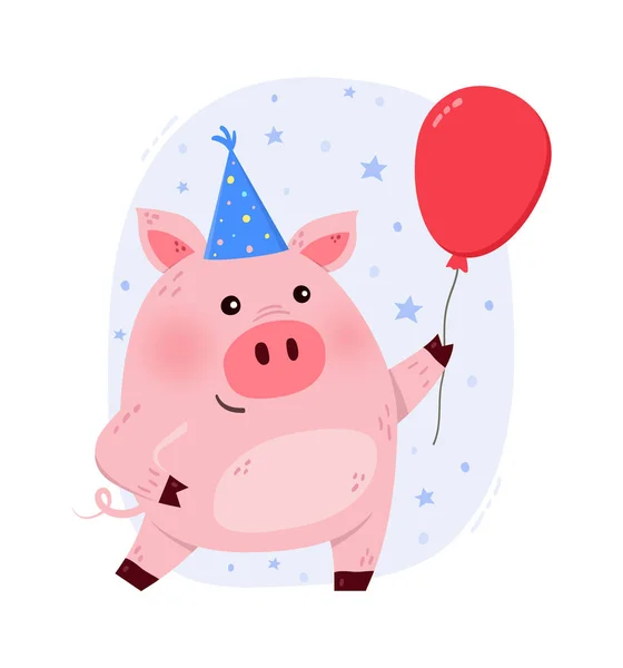 Drôle Cochon Avec Ballon Concept Anniversaire Avec Animal Mignon Design — Image vectorielle