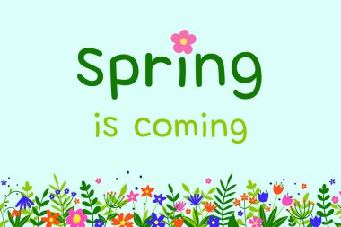 Bahar geliyor. Çiçek arkaplan. Renkli çiçek ve yapraklarla süslenmiş bahar süsü. Panoramik başlık. Vektör illüstrasyonu