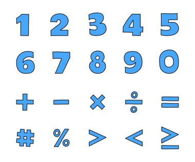 0 'dan 9' a kadar sayıların ve matematiksel sembollerin toplanması. El çizimi ikonlar. Vektör illüstrasyonu