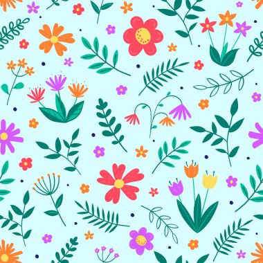 Floral texture. Spring background with colourful blowing flowers and leaves. Vector illustration clipart