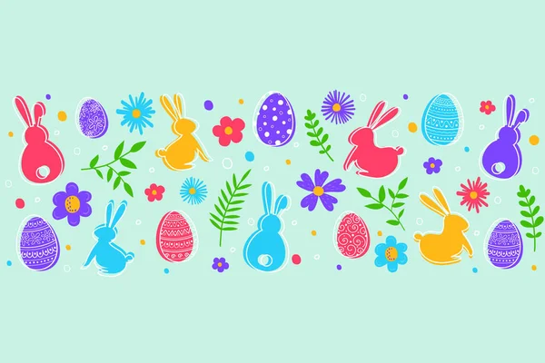 Пасхальные Яйца Цветы Кролики Зеленом Фоне Векторная Иллюстрация — стоковый вектор