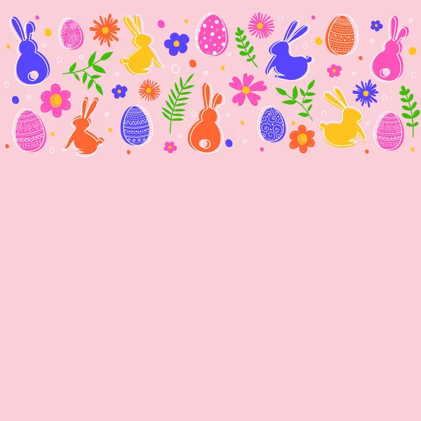 Ostereier Blumen Und Hasen Auf Rosa Hintergrund Vektorillustration — Stockvektor