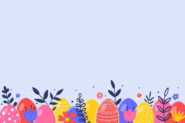 Bunter Hintergrund Mit Bemalten Eiern Und Blumen Minimalistisches Osterdesign Vektorillustration — Stockvektor