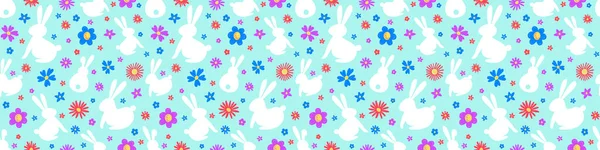 Farbenfroher Osterhintergrund Mit Hasen Und Blumen Nahtloses Muster Banner Vektorillustration — Stockvektor