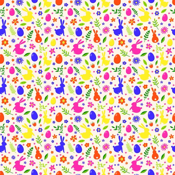 Colourful Easter Background Bunnies Eggs Flowers Seamless Pattern Vector Illustration — Stock Vector