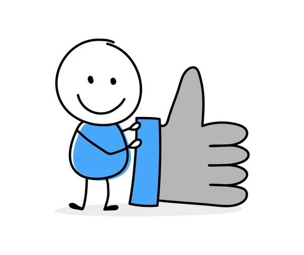 Funny Cartoon Stickman Holding Thumb Icon Hand Drawn Design Business — Stockvector