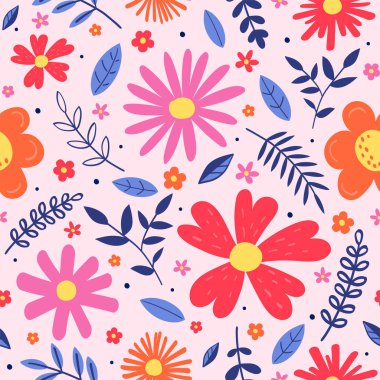 Çiçeksiz desen. Çiçek ve yaprakları üfleyen bahar arkaplanı. Vektör illüstrasyonu