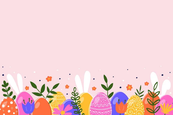Пасхальный Фон Нарисованными Вручную Яйцами Цветами Кроликами Векторная Иллюстрация — стоковый вектор