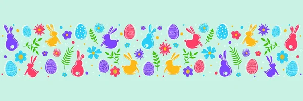 Osterbanner Mit Bunten Eiern Hasen Und Blumen Vektorillustration — Stockvektor