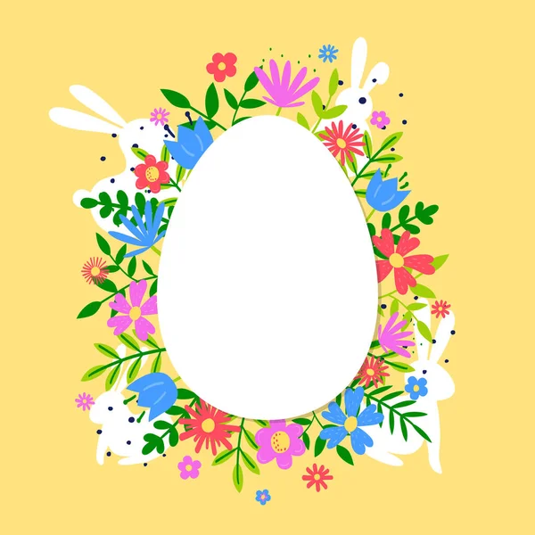 Fondo Floral Huevo Pascua Decoración Pascua Dibujada Mano Con Conejos — Vector de stock