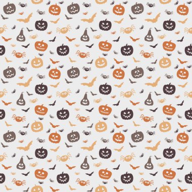 Komik balkabağı fenerleri, yarasalar ve örümceklerle dolu bir arka plan. Cadılar Bayramı kusursuz. Vektör