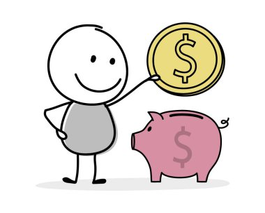 Para tasarrufu konsepti. Domuz kumbaralı komik bir adam. Vektör