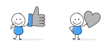 Elle çizilmiş bir stickman baş parmağı ve kalp sembolü tutuyor. Çizgi film tarzı simge seti. Vektör illüstrasyonu