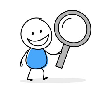 Komik çizgi film stickman elinde büyüteç simgesi tutuyor. Bir iş sunumu için el yapımı tasarım. Vektör illüstrasyonu